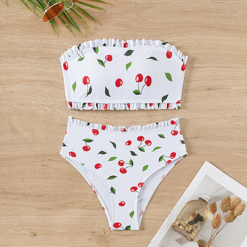 Damen Bandeau-Bikini mit fröhlichem Kirschmuster und eleganter Rüsche R&B