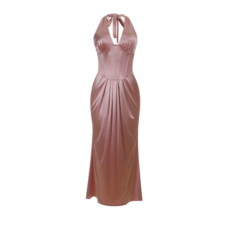 Damen elegantes Maxikleid mit feinem V-Ausschnitt und tailliertem Design