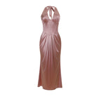 Damen elegantes Maxikleid mit feinem V-Ausschnitt und tailliertem Design R&B