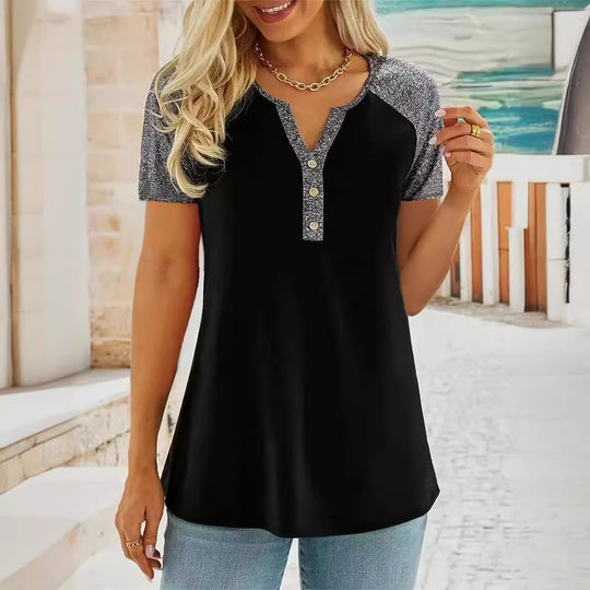 Damen modisches T-Shirt mit dekorativen Knöpfen und Kontrast-ärmeln R&B
