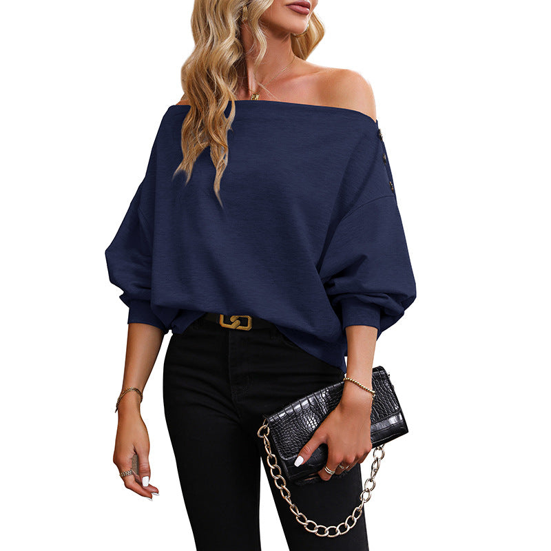 Damen lässiges Off-Shoulder Sweatshirt mit dekorativen Knöpfen R&B