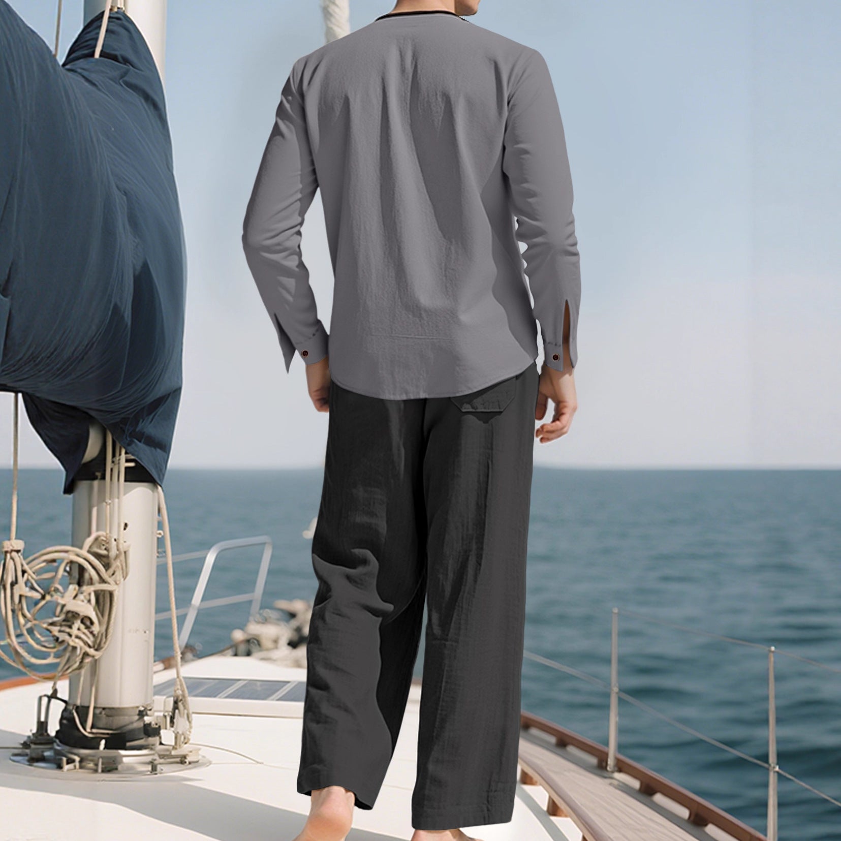 Herren nan Tunika- und Palazzohose-Set mit Henley-Blende, Zierstickerei und weitem Schnitt R&B
