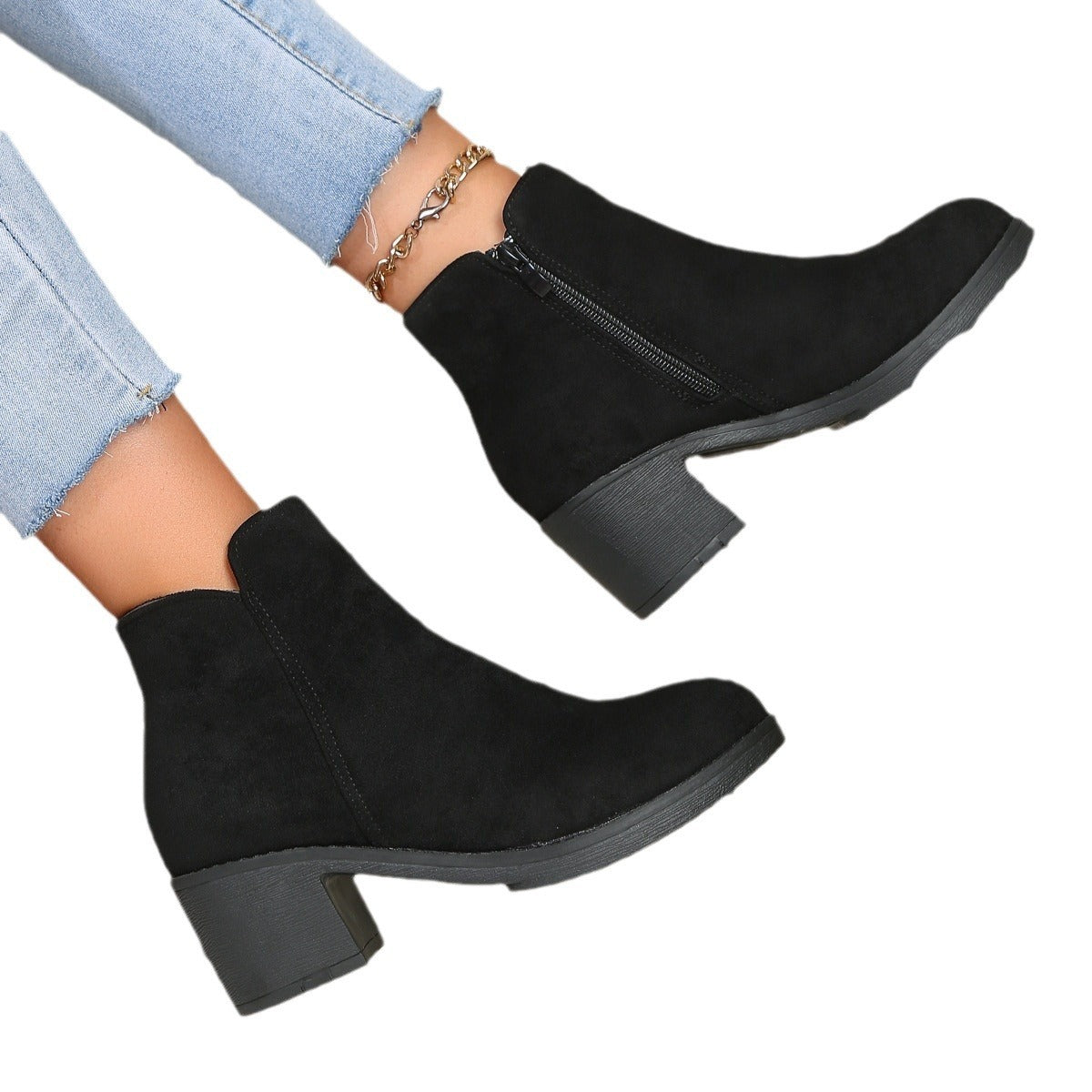 Damen nan elegante Stiefelette mit mittelhohem Blockabsatz, seitlichem Reißverschluss und gepolstertem Komfortfußbett R&B