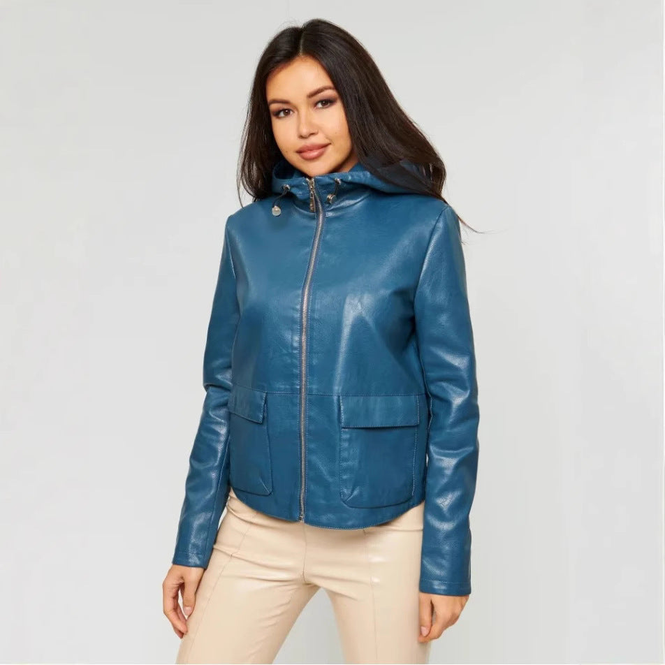 Damen Kunstlederjacke mit angeschnittenem Hoodie und praktischen Taschen R&B
