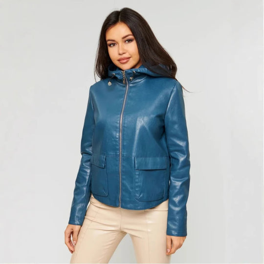 Damen Kunstlederjacke mit angeschnittenem Hoodie und praktischen Taschen R&B