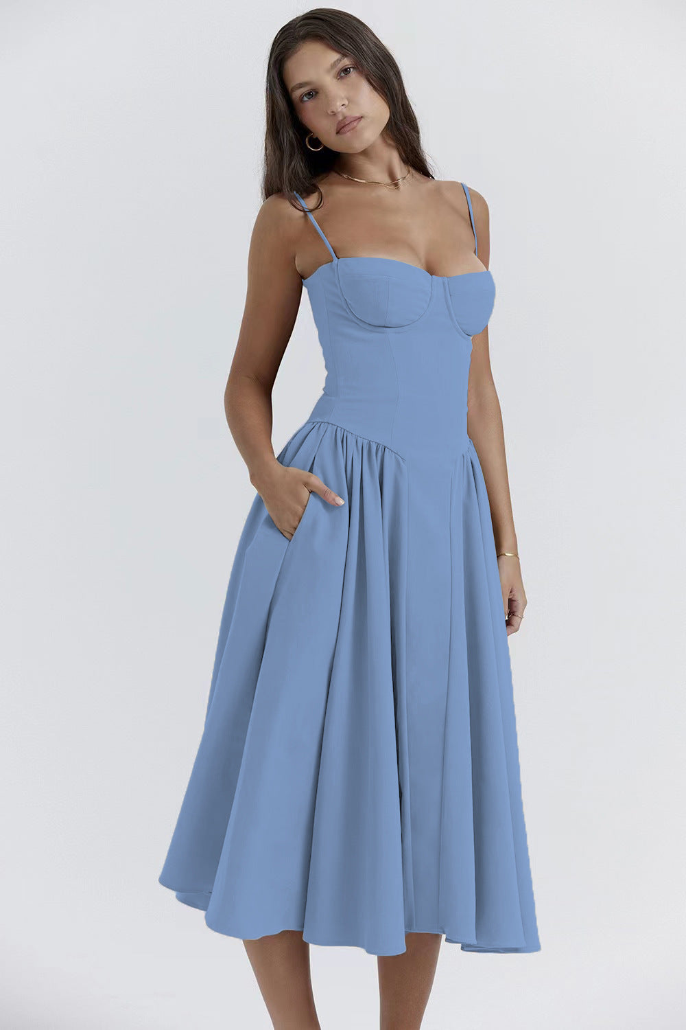 Damen Midikleid mit knöpfbarem Oberteil und schwingendem Rock R&B