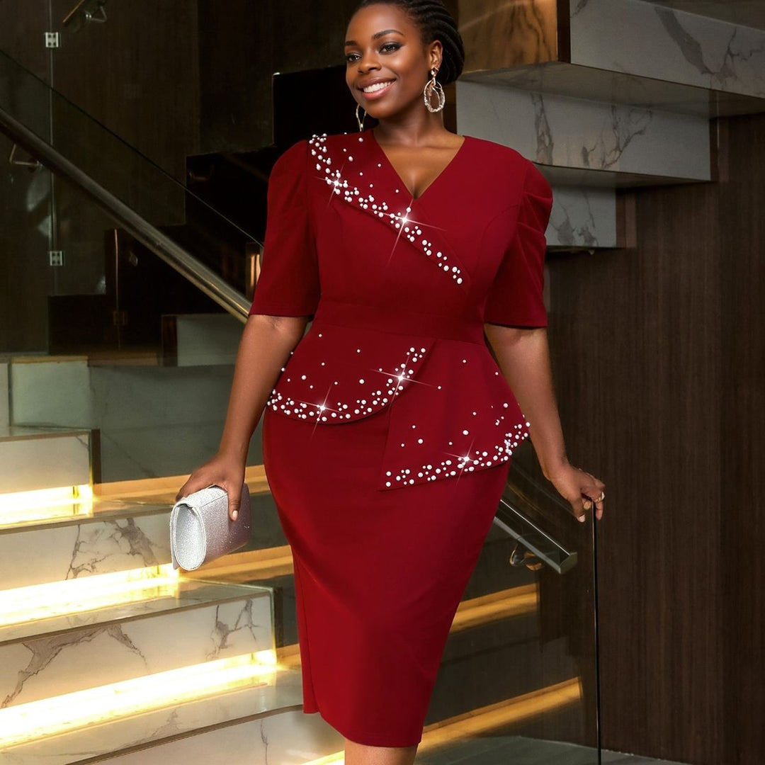 Damen figurbetontes Wickelkleid mit Rüschen und Perlenakzenten R&B