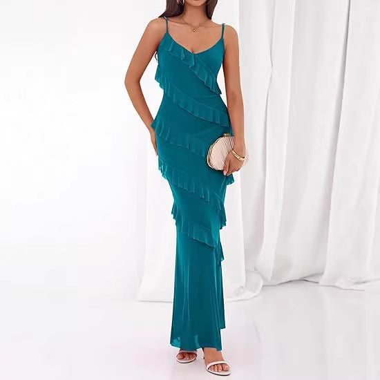 Damen Maxikleid mit Rüschen und Spaghettiträgern R&B