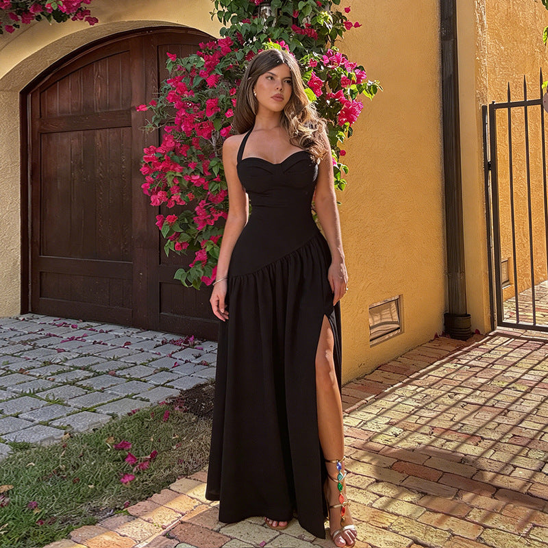 Damen schulterfreies Maxikleid mit raffiniertem Halterneck und fließendem Rock R&B