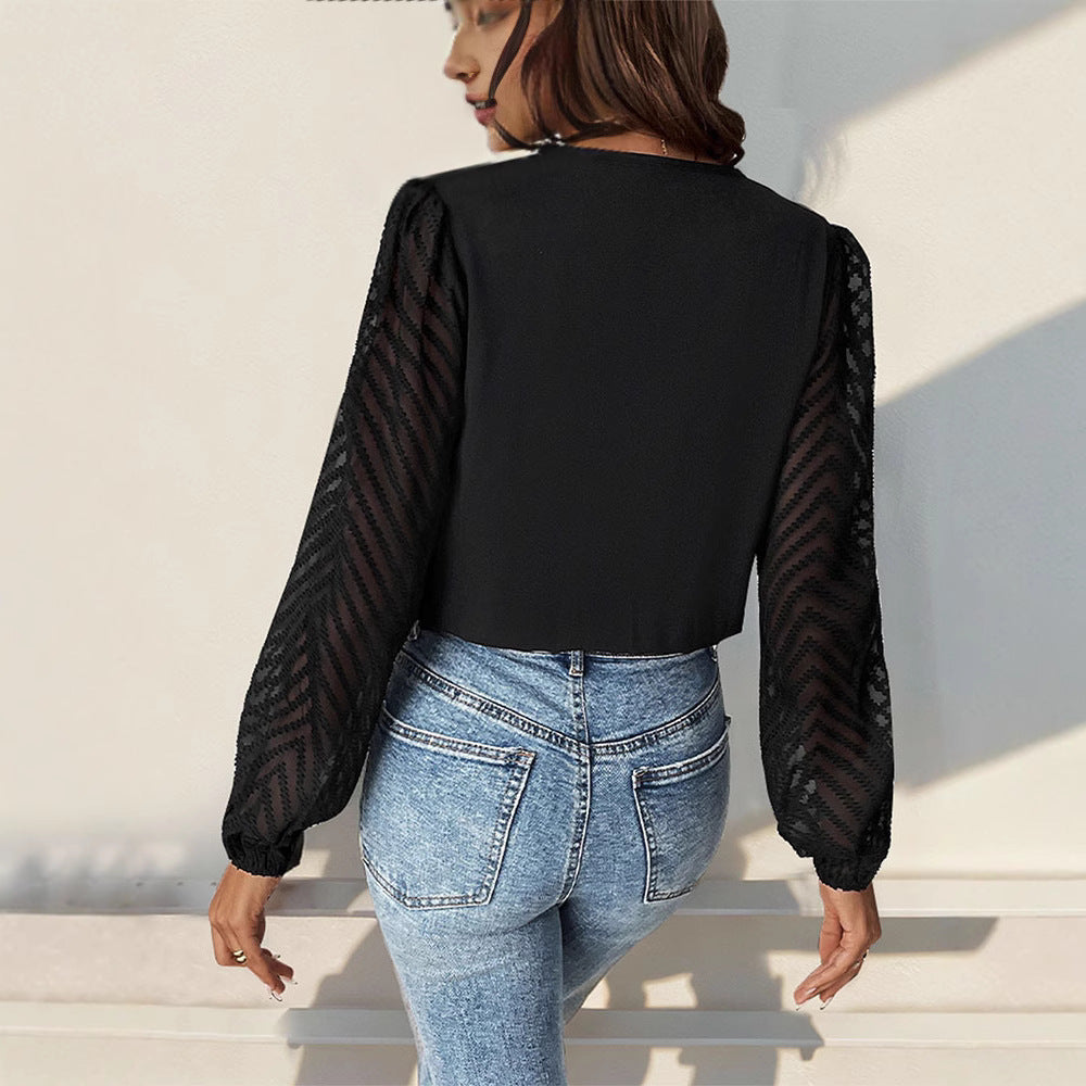 Damen elegantes Body mit voluminösen Ärmel und tiefem V-Ausschnitt R&B