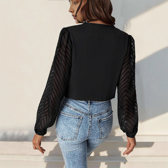 Damen elegantes Body mit voluminösen Ärmel und tiefem V-Ausschnitt R&B