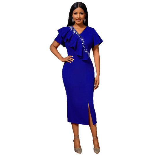 Damen elegantes, figurbetontes Kleid mit Rüschendetails und funkelndem Akzent R&B