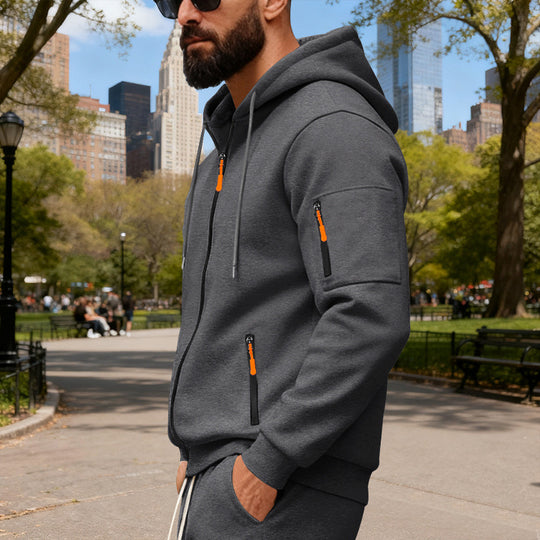 Herren Sportliche Zip-Hoodie mit Innovativen Reißverschlusstaschen R&B