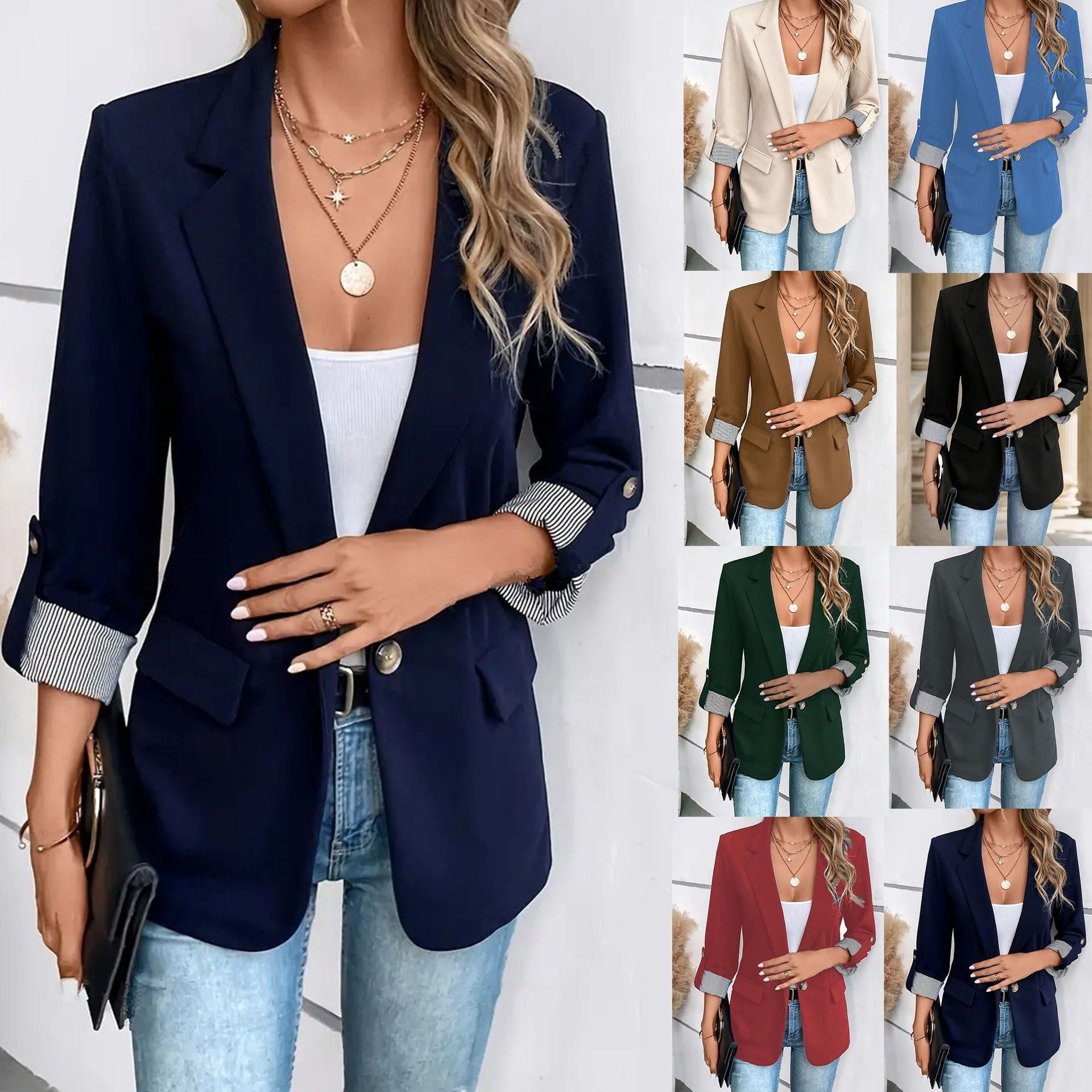 Damen nan taillierter dreiviertelarm Blazer mit Pattentaschen und umgeschlagenen Manschetten R&B