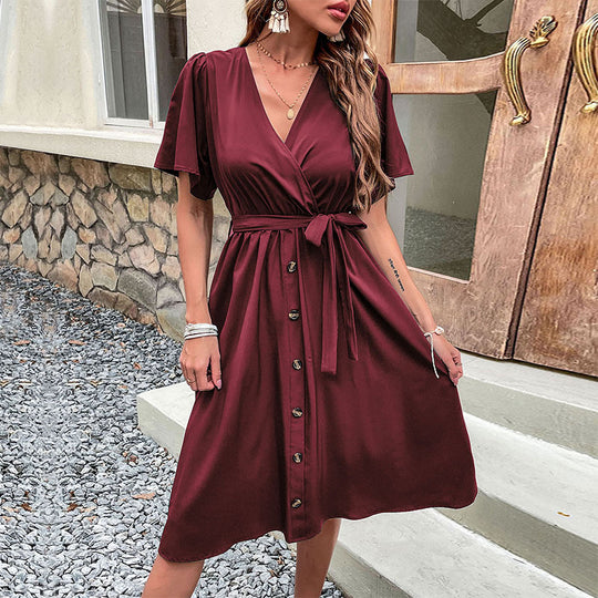 Damen Midi-Kleid mit eleganter Wickeloptik und praktischen Knopfdetails R&B