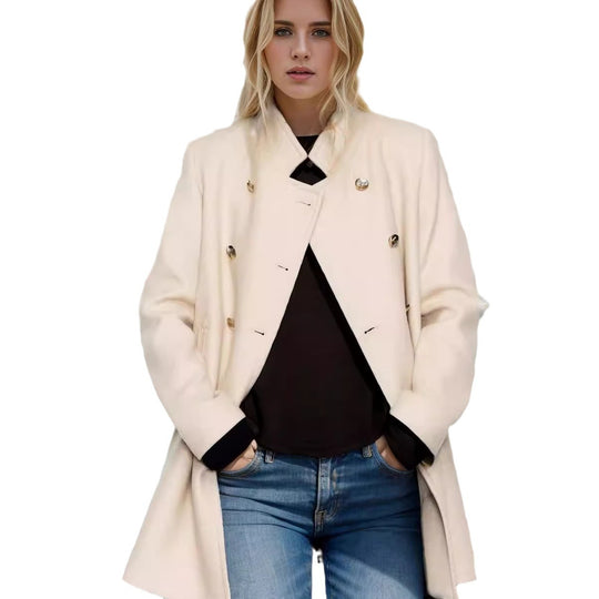 Damen modischer kurzer Mantel mit doppelter Knopfreihe und eleganter Stehkragen R&B