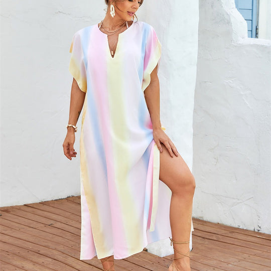 Damen lässiges Strandkleid mit V-Ausschnitt und luftigen Ärmeln R&B