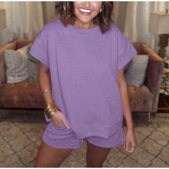 Damen gemütliches Freizeit-Set mit strukturiertem Oberteil und Shorts R&B