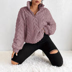Damen Gemusterter Oversized-Fleece-Pullover mit hohem Kragen R&B