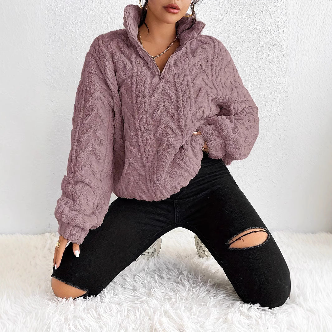 Damen Gemusterter Oversized-Fleece-Pullover mit hohem Kragen R&B