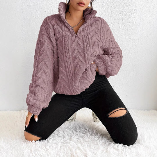 Damen Gemusterter Oversized-Fleece-Pullover mit hohem Kragen R&B