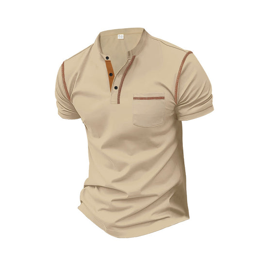 Herren nan Kurzarm-Polo im Henleystil mit Stehkragen, Brusttasche und Kontrastnaht R&B