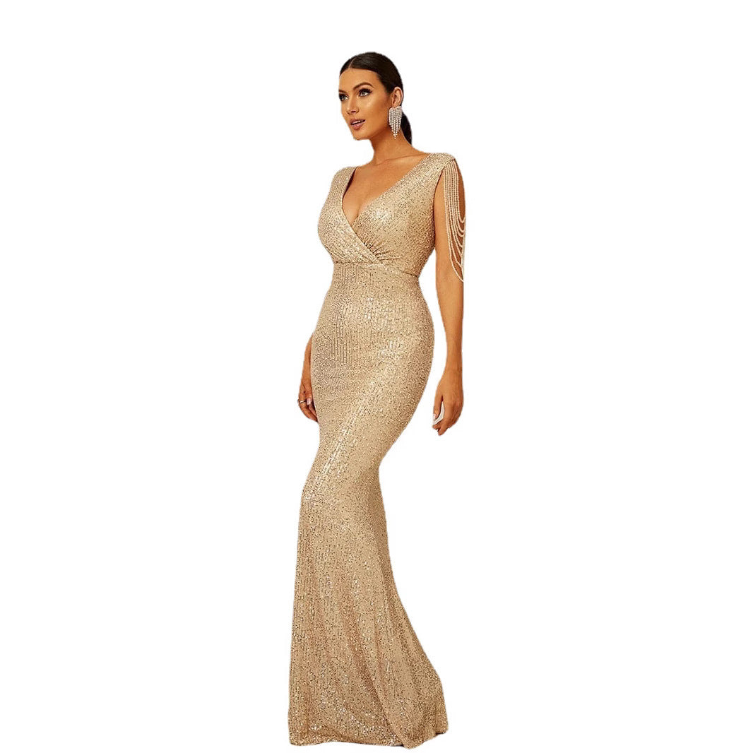Damen Glamouröses Abendkleid mit funkelnden Pailletten und schulterfreien Ärmeln R&B