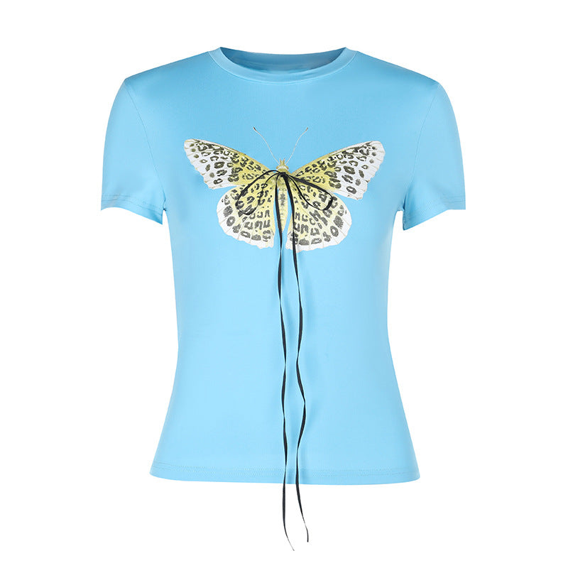 Damen Basic T-Shirt mit lR&Bendigem Schmetterlingsdruck und verstellbarem Kordelzug R&B