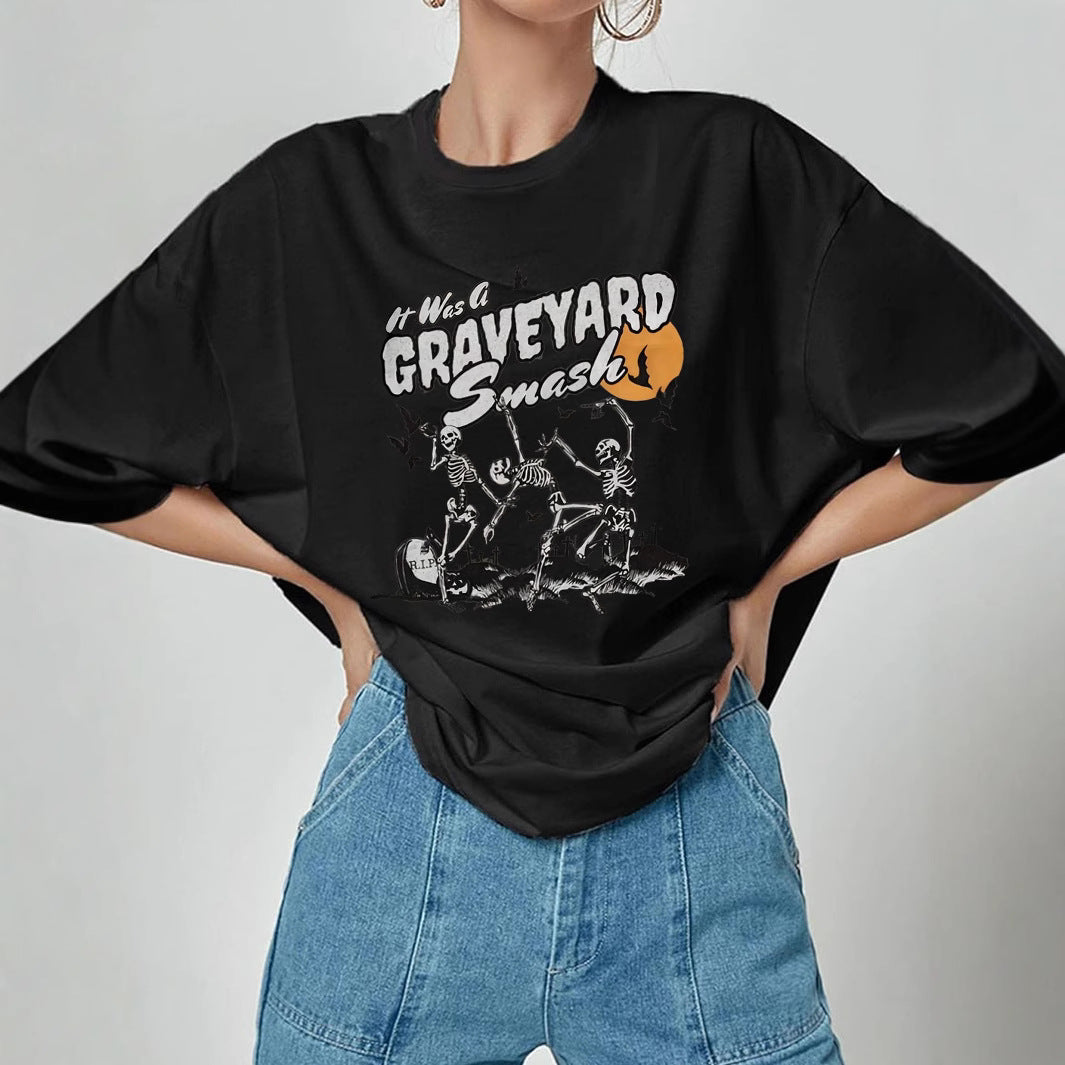 Damen T-Shirt mit künstlerischem Skelettmotiv und einzigartigem Druck R&B