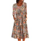 Damen Midi-Kleid mit floralem Design und praktischen Taschen R&B