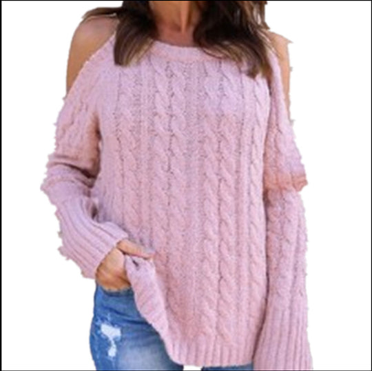 Damen Strickpullover mit offenen Schultern und dekorativem Zopfdesign R&B