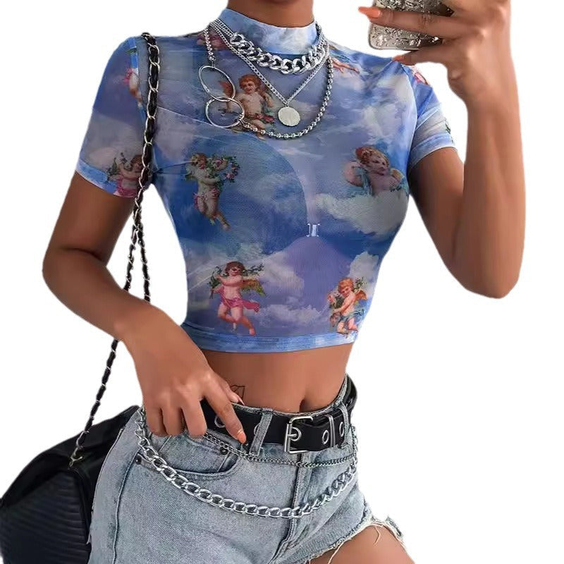 Damen Hochgeschlossenes Crop-Top mit romantischem Engelmotiven R&B