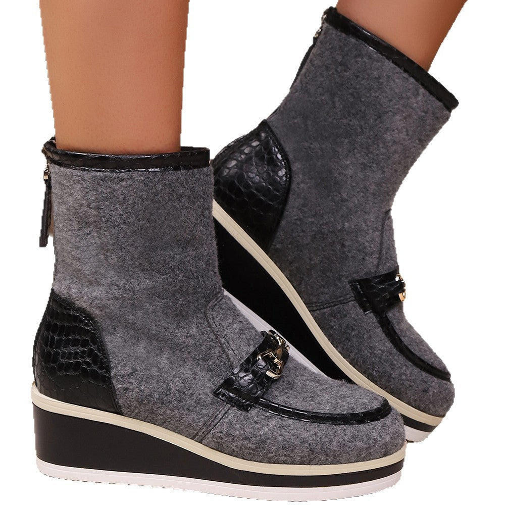 Damen Komfortable Wedge-Stiefeletten aus weichem Wollfilz mit modischem Krokodil-Detail R&B