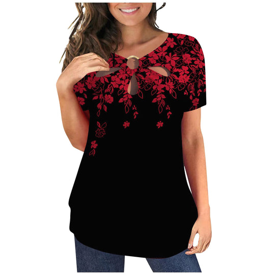 Damen elegantes Oberteil mit floralem Cut-Out-Design und glänzendem Ringeinsatz R&B