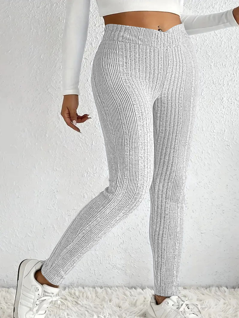 Damen Strickleggings mit hohem Bund und feinen Längsrippen R&B