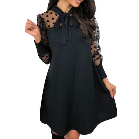 Damen Chiffonkleid mit eleganter Schleife und gepunktetem Design R&B