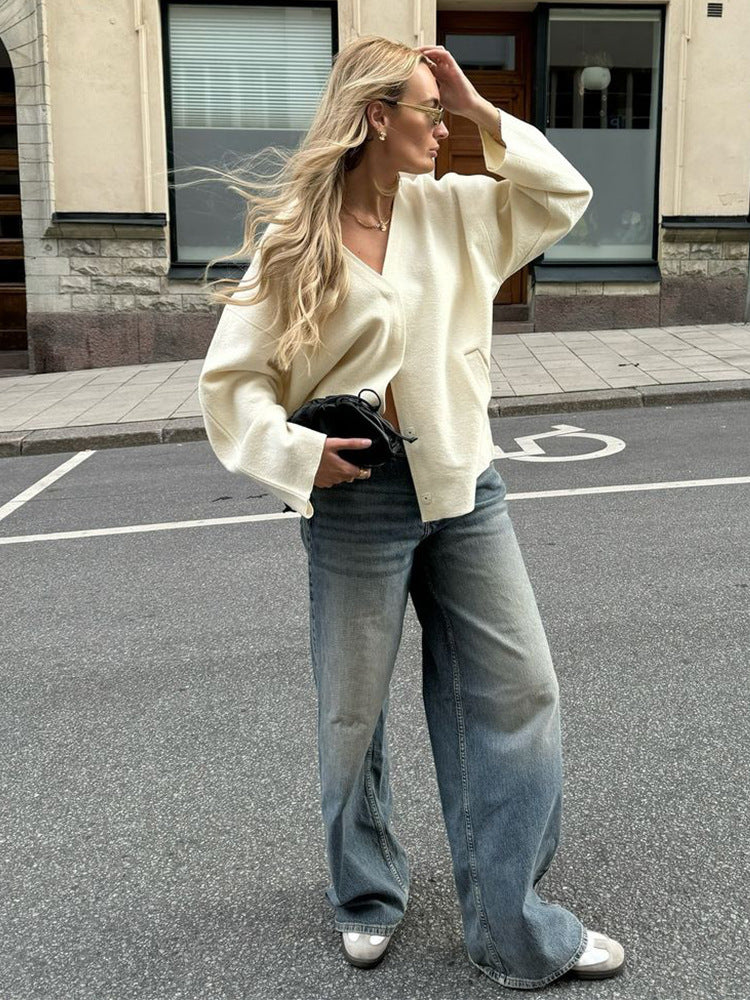 Damen Grobstrickjacke mit tiefem V-Ausschnitt und weiten Ärmeln R&B