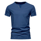 Herren Kurzarm-Henley-T-Shirt mit praktischer Brusttasche und anpassbarem Knopfverschluss R&B