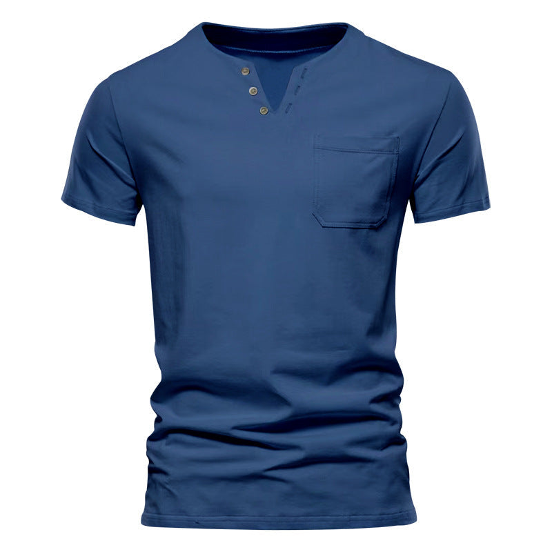 Herren Kurzarm-Henley-T-Shirt mit praktischer Brusttasche und anpassbarem Knopfverschluss R&B