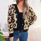 Damen oversized Strickjacke mit tierischem Leopardenmuster und knöpfbarem Design R&B