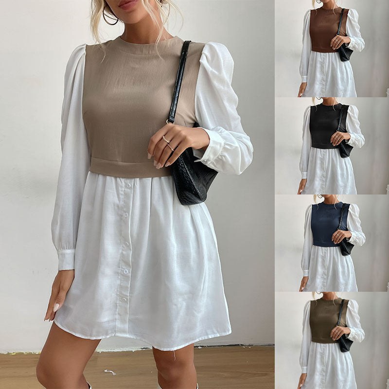 Damen modisches Hemdkleid mit eleganten Puffärmeln und knöpfbarem Vorderteil R&B
