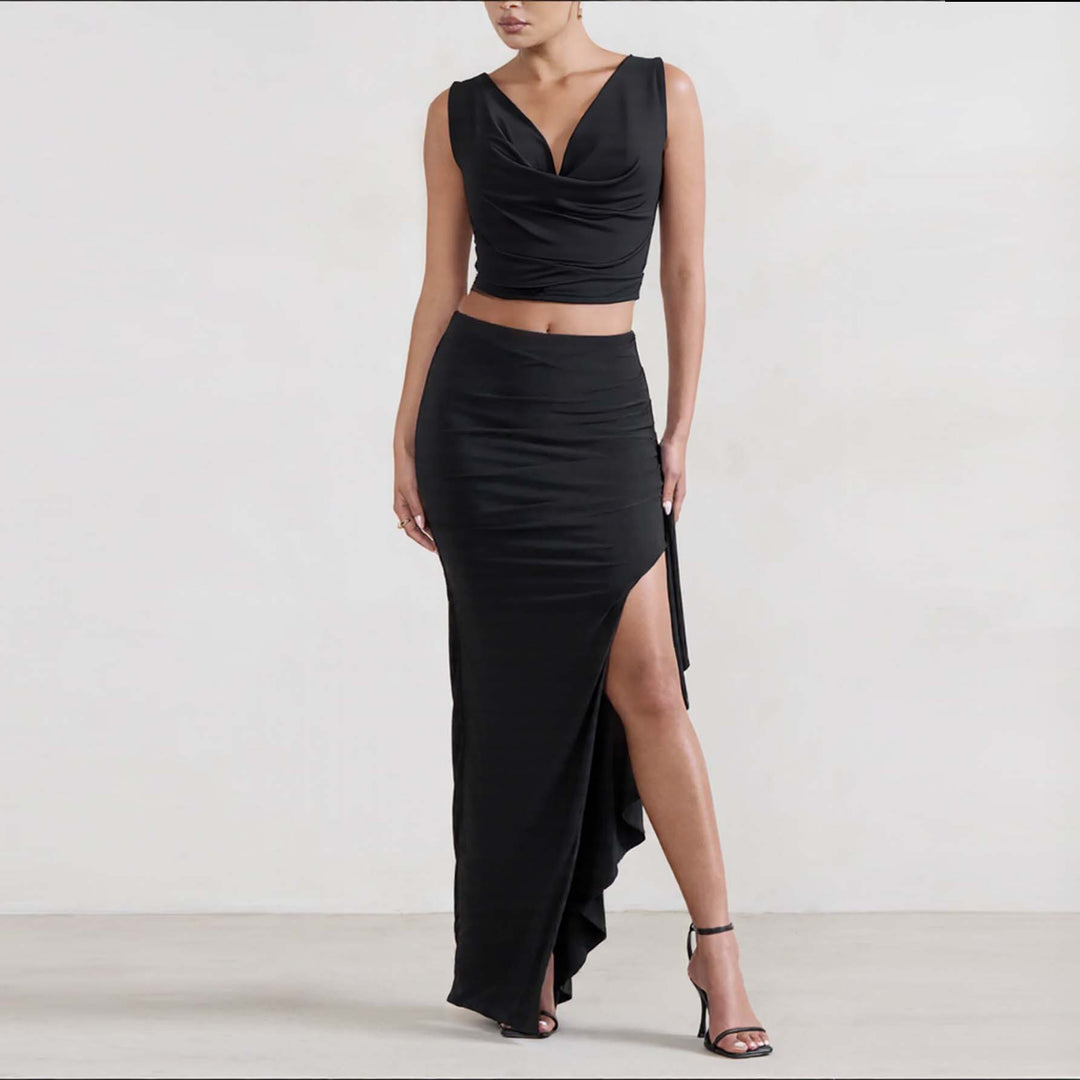 Damen Elegantes Crop-Top und Maxi-Rock Set mit hohem Schlitz R&B