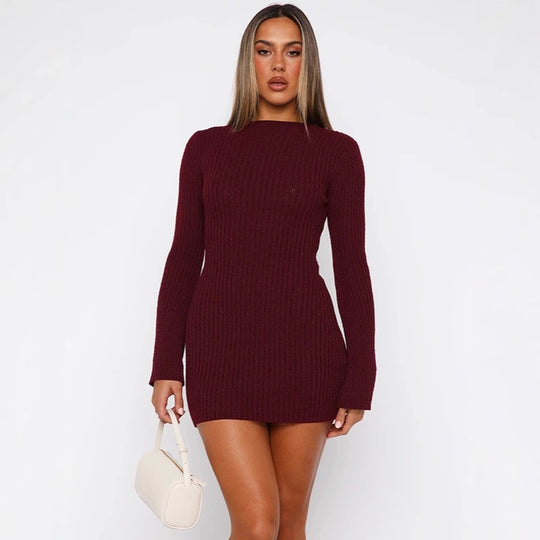 Damen Figurumspielendes Strick-Minikleid mit langen Ärmeln R&B