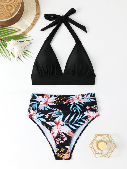 Damen Triangel-Bikini-Set mit hohem Bund und floralem Design R&B