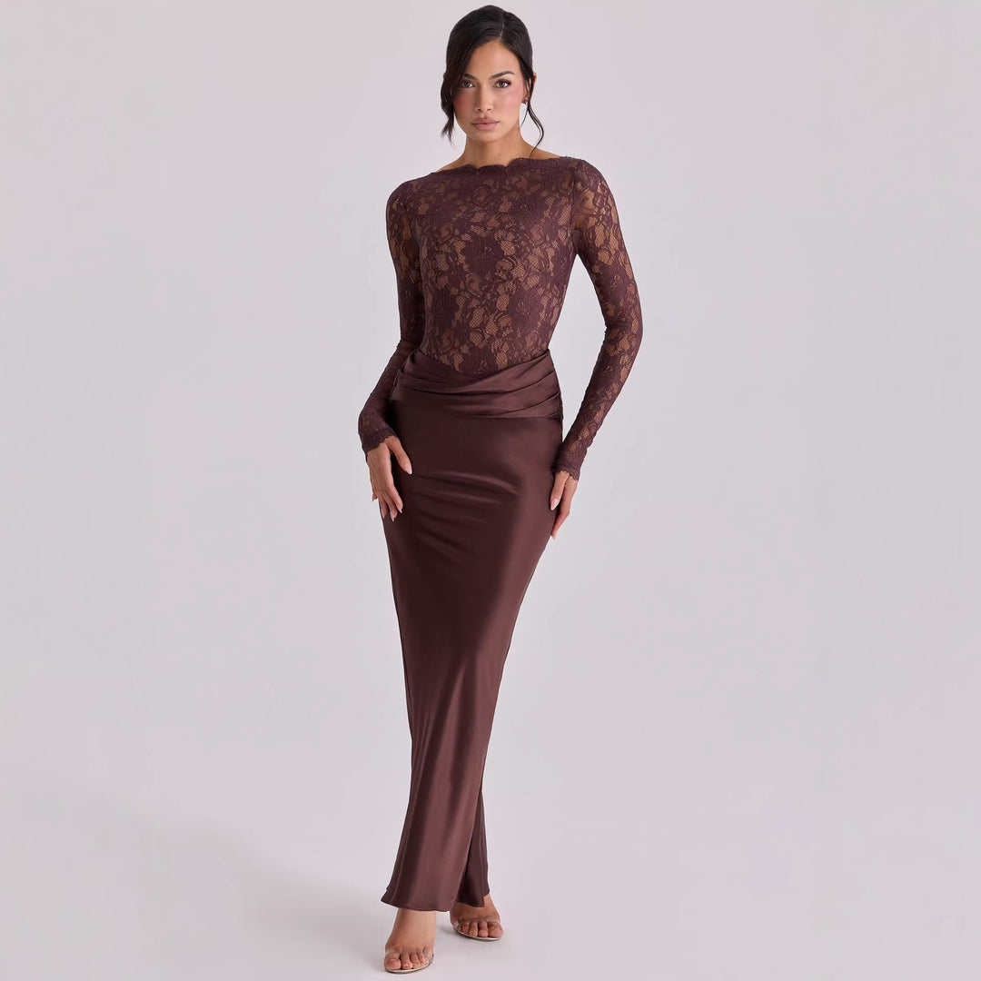 Damen Elegantes Spitzenoberteil mit fließendem Satinkleid R&B