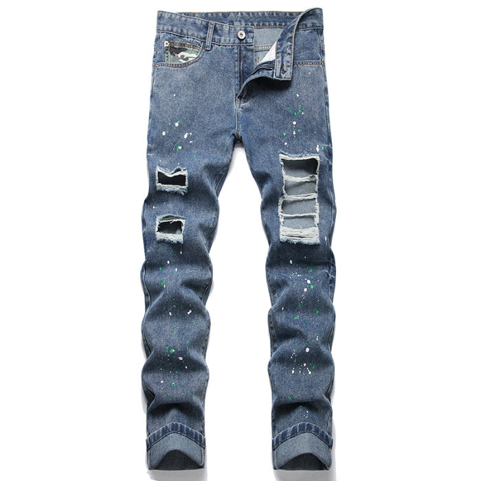 Herren Ripped Denim-Jeans mit kreativen Farbklecksen und lässigem Schnitt R&B