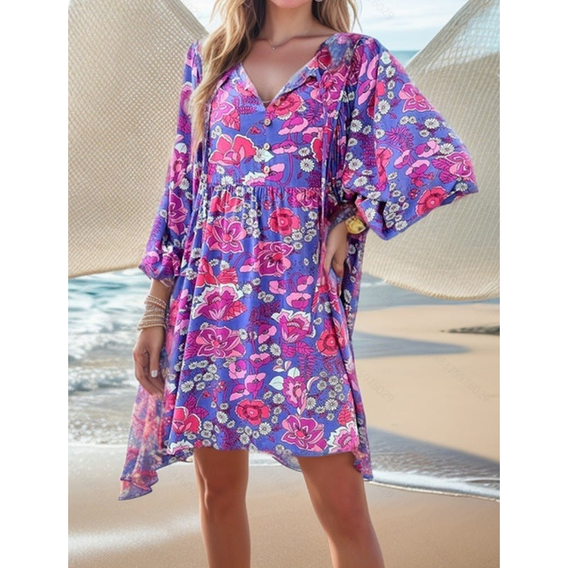 Damen lässiges Freizeitkleid mit lockerer Passform und buntem Blumendesign R&B