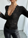Damen nan tailliertes Spitzenshirt mit tiefem V-Ausschnitt, floraler Netzspitze und langen Ärmeln R&B
