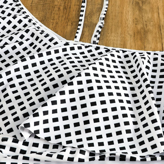 Damen Badeanzug-Set mit Rüschendetails und elegantem Karomuster R&B