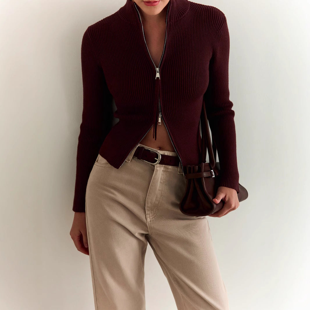 Damen Strickpullover mit hohen Kragen und Reißverschluss R&B